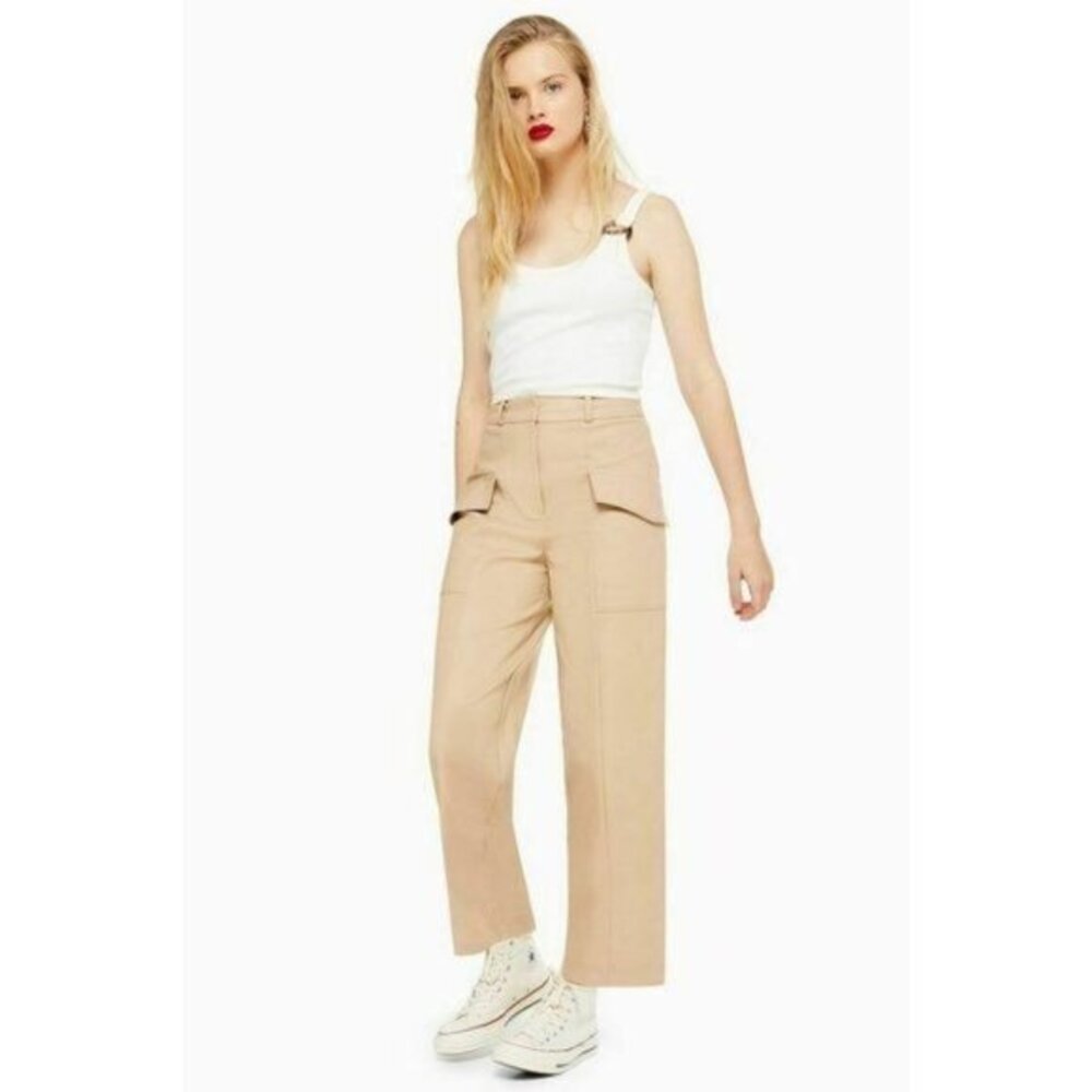 TOPSHOP Tan Utility Pants High Rise Wide Leg Cropped Pants Trousers Sz 6 US NEW